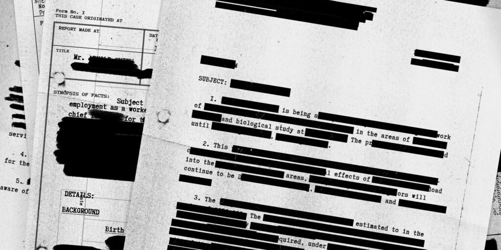 A scan of a number of official looking documents, spread out and heavily redacted