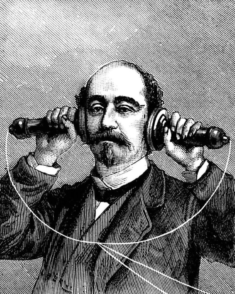 A print from a vintage woodcut showing a man holding two phone receivers, one to each ear
