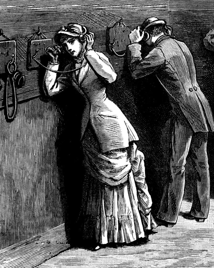 A print from a vintage woodcut showing a man and woman speaking on phones